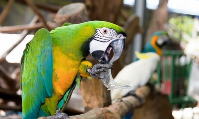 a photography of a parrot with its mouth open sitting on a branch, macaw bird with a piece of meat in its mouth.