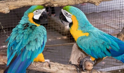 a photography of two parrots sitting on a branch in a cage, macaws are sitting on a branch in a...