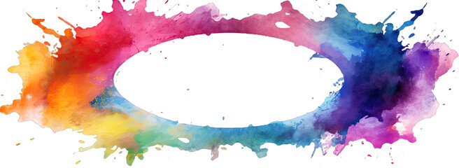 Abstract colorful rainbow color painting illustration - Elliptical ellipse frame made of watercolor splashes, isolated no background, transparent background