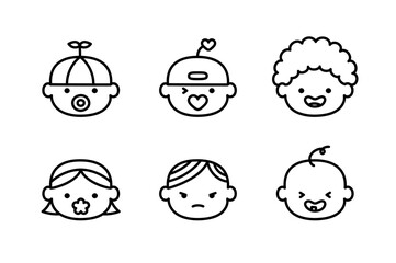 Group of icons with kids. Set of newborns of different nationalities. Baby avatars in doodle style. Trendy kids icons for interface. Different emotions of preschoolers. Happy smiling children