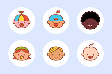 Baby characters. User icons of babies of different nationalities on light background. Cartoon flat style. New born kids, small little one vector babies. Icons baby child newborn. Bright portraits