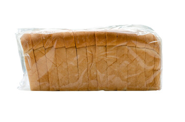 toast sliced of white bread in plastic bag on transparent background. side view
