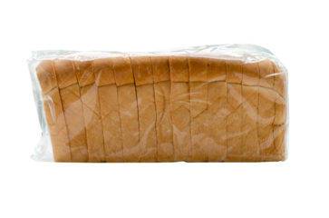 toast sliced of white bread in plastic bag on transparent background. side view