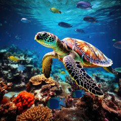 Obraz na płótnie Canvas Big sea turtle. Underwater sea turtles. Sea turtle underwater scene. AI Generation