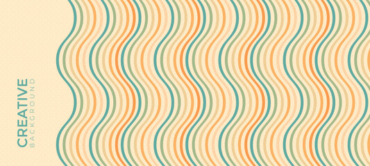 Abstract background of rainbow groovy wavy flow line design in 1970s hippie retro style. Vector design for banner, card, poster, landing page, template, business, cloth, textile, wrap and more.