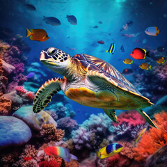 Big sea turtle. Underwater sea turtles. Sea turtle underwater scene. AI Generation - 643490231