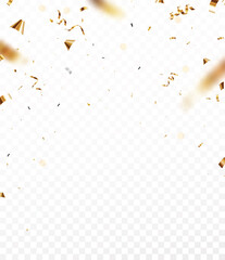 Gold confetti and ribbon, celebrations banner, isolated on transparent background