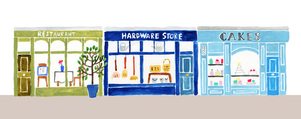 水彩で描いた通りにあるロンドンのお店3軒セット1