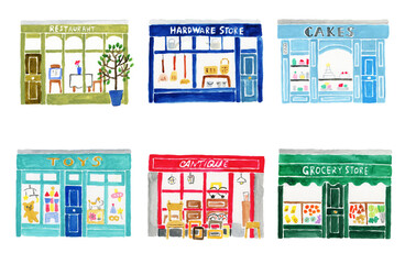 水彩で描いたロンドンのお店6軒セット