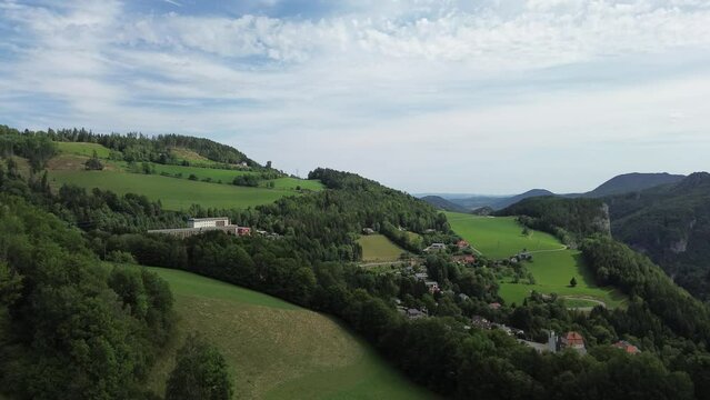 Black forest of Lower Austria close to Semmering filmed with drone from above in 4K during the summer day
