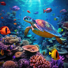 Big sea turtle. Underwater sea turtles. Sea turtle underwater scene