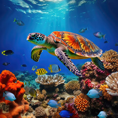 Fototapeta na wymiar Sea turtle. View of a giant young green turtle swimming in the ocean