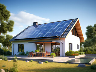 Solar panels on the roof of a modern house. 3d illustration, generative ai