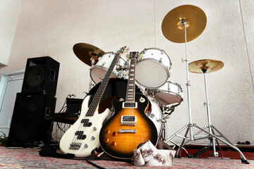 Musical instruments on stage, ready for gig. concept of live rock music.
