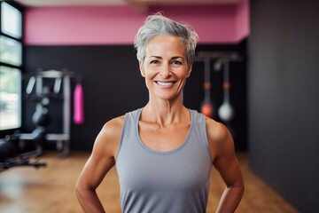 Mature woman standing in a fitness studio. 