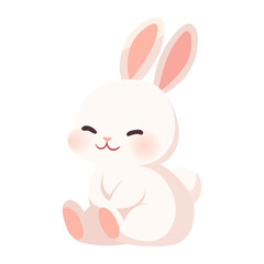 Cute white rabbit sitting with closed eyes. Soft thick coat, fluffy, smiling, pink long ears and paws, blush on cheeks, bunny, pet, animal, beloved, sweet, carton, heart shaped nose
