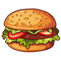 Burger. Delicious juicy burger with patty, cutlet, lettuce, sauce and tomato. Sesame on soft ruddy bun. Fast food, street, takeaway, harmful, high calorie, tasty, beef, chicken, fresh vegetables