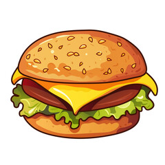 Cheeseburger. Delicious juicy burger with patty, cutlet, cheddar cheese, lettuce. Sesame on soft ruddy bun. Fast food, street, takeaway, harmful, high calorie, tasty, beef, chicken, fresh vegetables