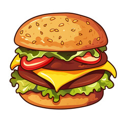Cheeseburger. Delicious juicy burger with double patty, cutlet, cheddar cheese, lettuce and tomato. Sesame on soft ruddy bun. Fast food, street, takeaway, harmful, beef, chicken, fresh vegetables