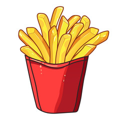 French fries in a red cardboard box. Deep fried crispy fried potatoes, large portion, fast food, street, takeaway, delicious, tasty, fatty, condensation drops on the package