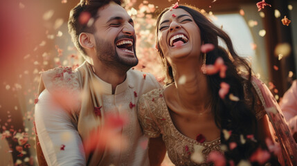 Obraz na płótnie Canvas Beautiful Indian wedding couple laugh in dance, confetti falling, fancy golden tones,