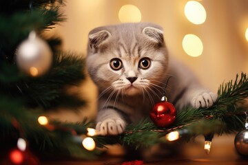 Obraz premium Generative ai of Playful Scottish Fold cat is paying attention to the Christmas tree in a cozy home on Christmas Day.