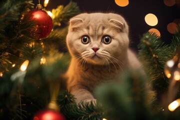 Generative ai of Playful Scottish Fold cat is paying attention to the Christmas tree in a cozy home on Christmas Day.