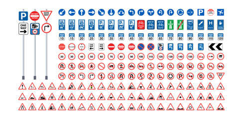 Traffic signs collection. Signs of danger, mandatory, obligations, animal crossing and alerts. Supplementary and routing table. Temporary traffic signs. Vector. © Jer