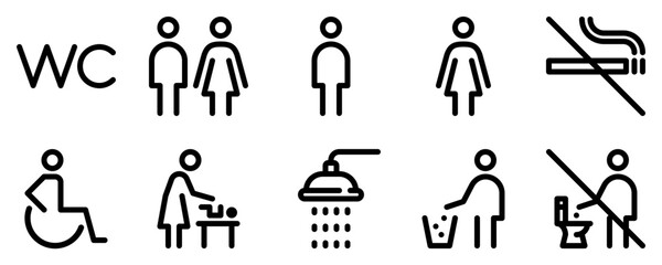 Toilet line icon set. WC sign. Man, woman, shower, mother with baby, handicap symbol. Restroom for male, female, disabled pictograms. No smoking, do not throw trash in toilet bowl. Vector graphics