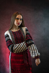 Pretty caucasian lady wear ethnic style embroidered shirt as traditional Ukrainian clothes
