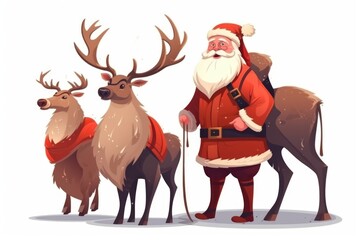 Cute cartoon santa claus with reindeers. merry christmas vector illustration