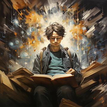 Man surrounded by books, creative mind, exploding brain full of ideas and imagination, education concept