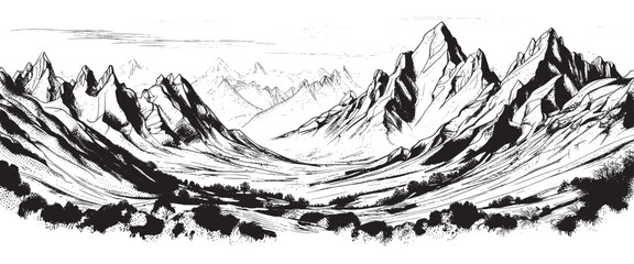 Mountain sketch landscape in black on a white background. Hand drawn sketch style rocky peaks. Vector landscape illustration. banner