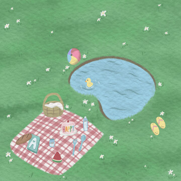 Backyard with little ducklings floating in the water with food camping in the green backyard