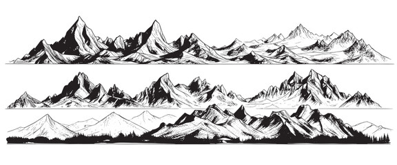 Mountain sketch landscape in black on a white background. Hand drawn sketch style rocky peaks. Vector landscape illustration. banner