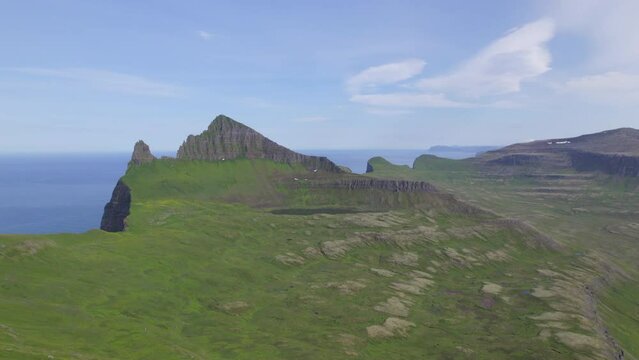 Drone flying over remote arctic landscape in the Hornstrandir Wilderness in Northern Iceland