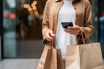 Close-up of a woman using a smartphone with a shopping bag in her hand