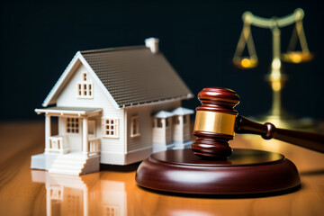 Close up Conceptual White Miniature House on Top of the Table Beside Court Gavel