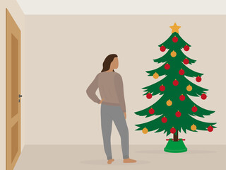 Female character stands and looks at the decorated Christmas tree in the room