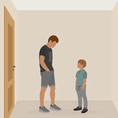 Male character and boy in an empty room