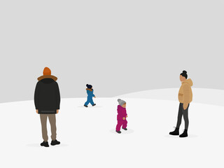 Male character, female character and two children are walking in winter