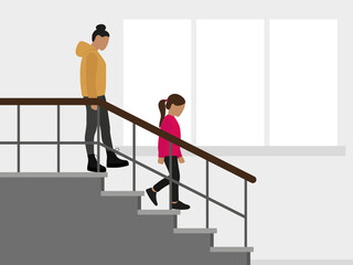 A female character and a girl go down the stairs against the background of a wall with a window