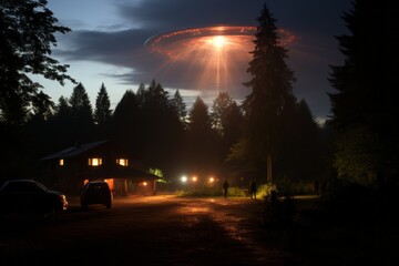 Fototapeta na wymiar Night Sky With With A Luminous UFO, Generative AI