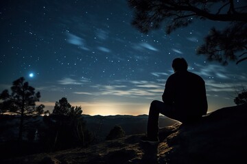 a man sitting on a rock and looking into the night starry sky, there is a telescope nearby. The concept of astrology and astronomy. - obrazy, fototapety, plakaty
