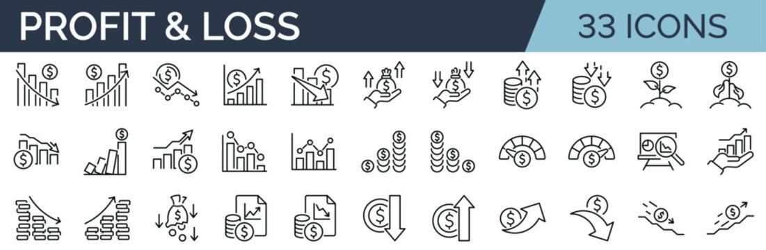 Set of 33 outline icons related to profit and loss statement. Linear icon collection. Editable stroke. Vector illustration