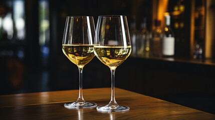 Two glasses of white wine on a table