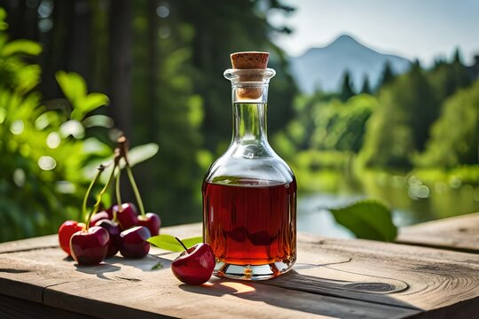 Homemade cherry brandy in glasses and in a bottle on a wooden table in a summer garden