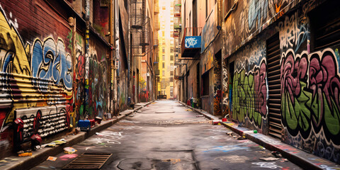 ally way path in urban city full of graffiti messy doodle art on wall - Generative AI - obrazy, fototapety, plakaty