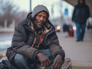  homeless African American man sitting alone at street sidewalk, portrait photography.
