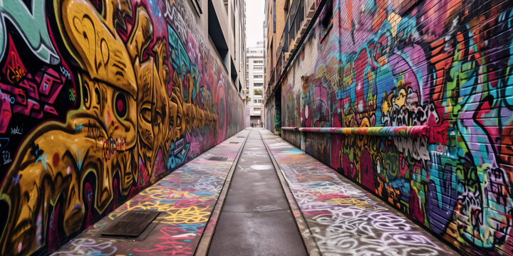 ally way path in urban city full of graffiti messy doodle art on wall - Generative AI